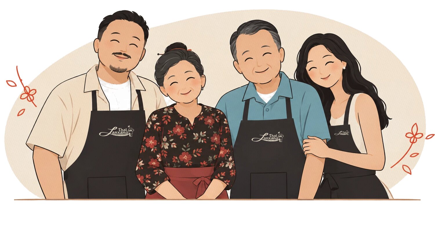 Illustrated portrait of the family in matching black Thai Lanxang aprons: Phil in a cream shirt, Brenda (Mae) in a floral blouse with a red apron, Tony (Por) in a blue shirt, and Payee leaning on his arm, all smiling.