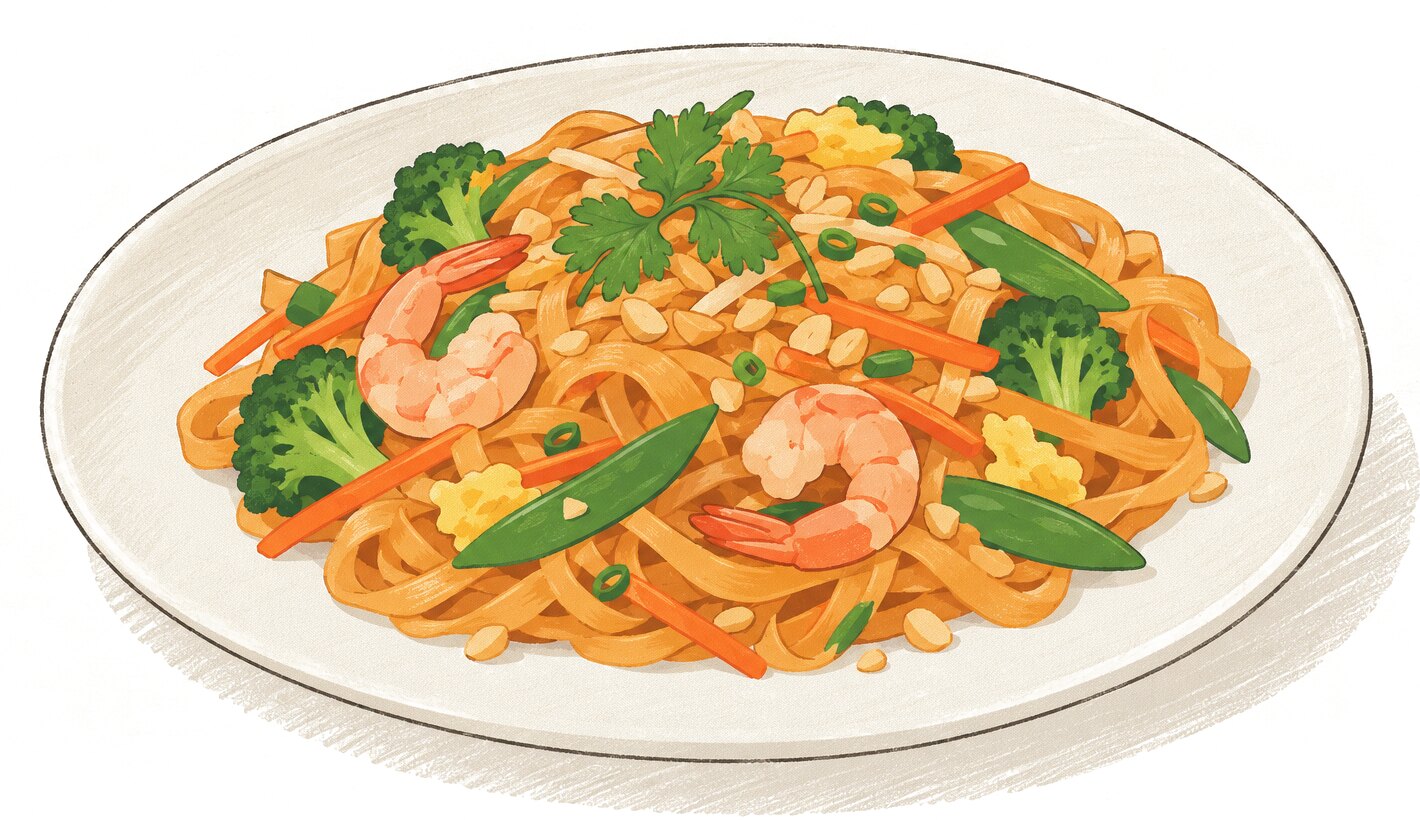 Illustration of a plate of peanut curry noodles with shrimp, broccoli, carrot, peapods, crushed peanuts and cilantro.