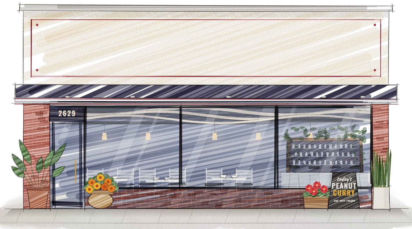Illustration of the Thai Lanxang storefront in marker and pen: the restaurant's elephant logo on a cream sign, a navy canopy with a Thai-flag stripe, brick piers, big windows showing a wavy ceiling, pendant lights, wide chairs and a plant-topped bar, planters by the door and a today's peanut curry sandwich board.